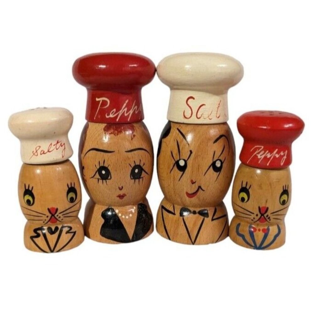 Salty Peppy Wooden Salt & Pepper Shakers 2 Sets Japan Hand Painted Chef MCM Vtg